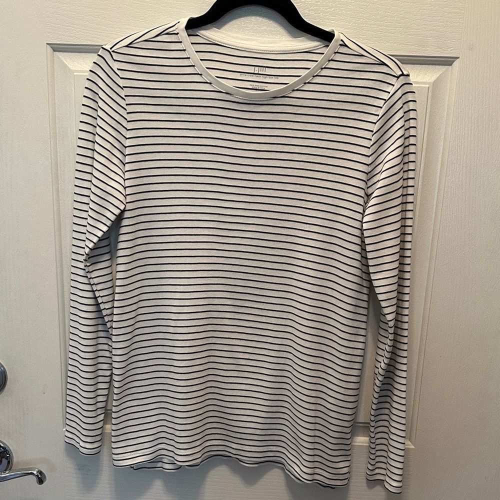 J. Jill White Tee with Black Stripes 100% Pima Cotton Crew Neck Size XS